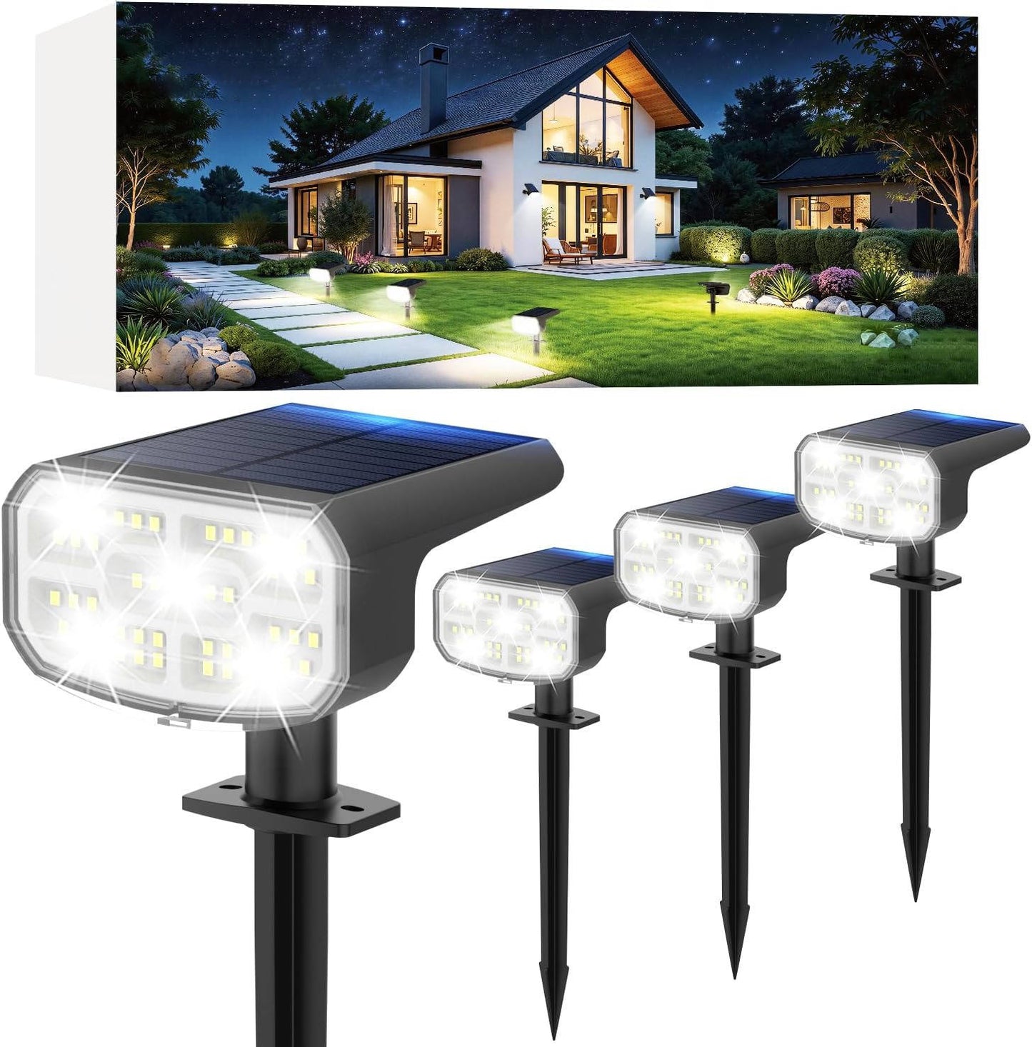 Solar Spot Lights Outdoor, 4 Pack IP65 Water-resistant Garden Spotlights with 2 Lighting Modes and Auto On/Off for Yard and Landscape