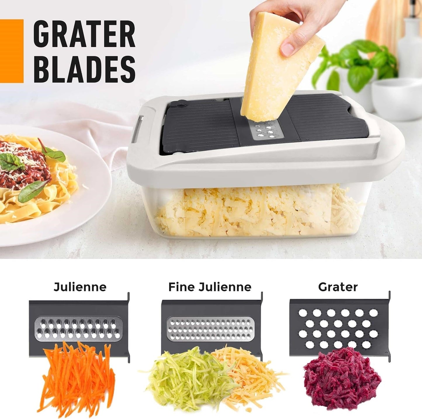 Vegetable Slicer with Eight Interchangeable Blades and Built-in Collection Container