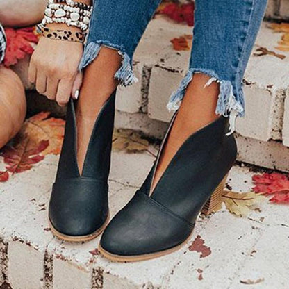 Womens Slip-On Ankle Boots with V Cut and 3-Inch Stacked Heel, Almond Toe