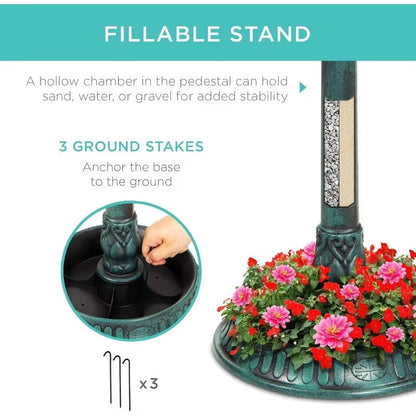 Solar-Powered Bird Bath on Stand with Built-In Planter and LED Lamp