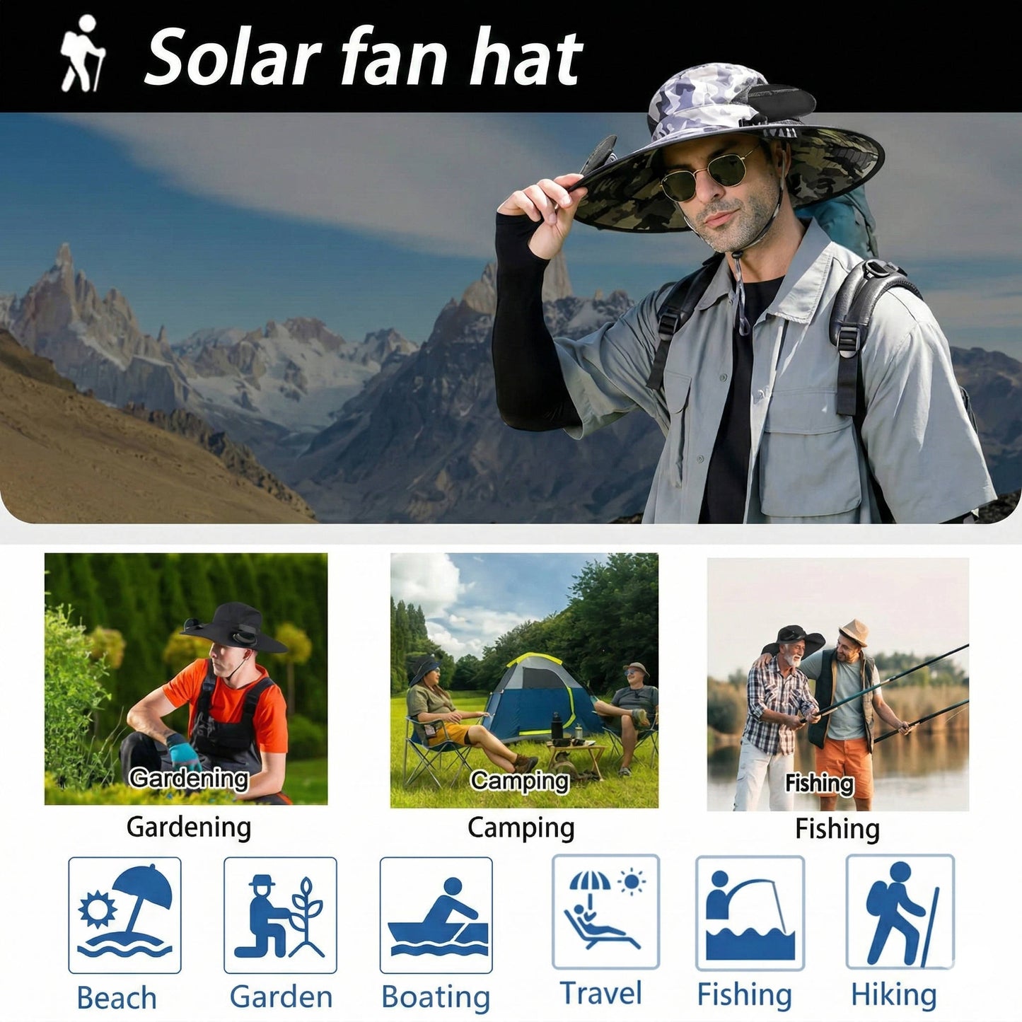 Outdoor Wide Brim Sun Hat with 2 Solar Fans, UV Protection for Men and Women, Cooling Hat for Camping and Hiking