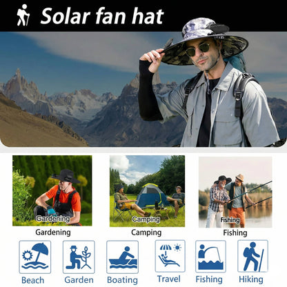 Outdoor Wide Brim Sun Hat with 2 Solar Fans, UV Protection for Men and Women, Cooling Hat for Camping and Hiking