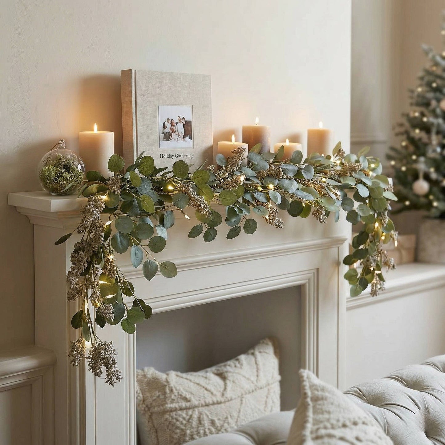 Enchanted Olive Glow Garland, Eucalyptus Fairy Light Mantel Decoration for Fireplace and Holiday Decor