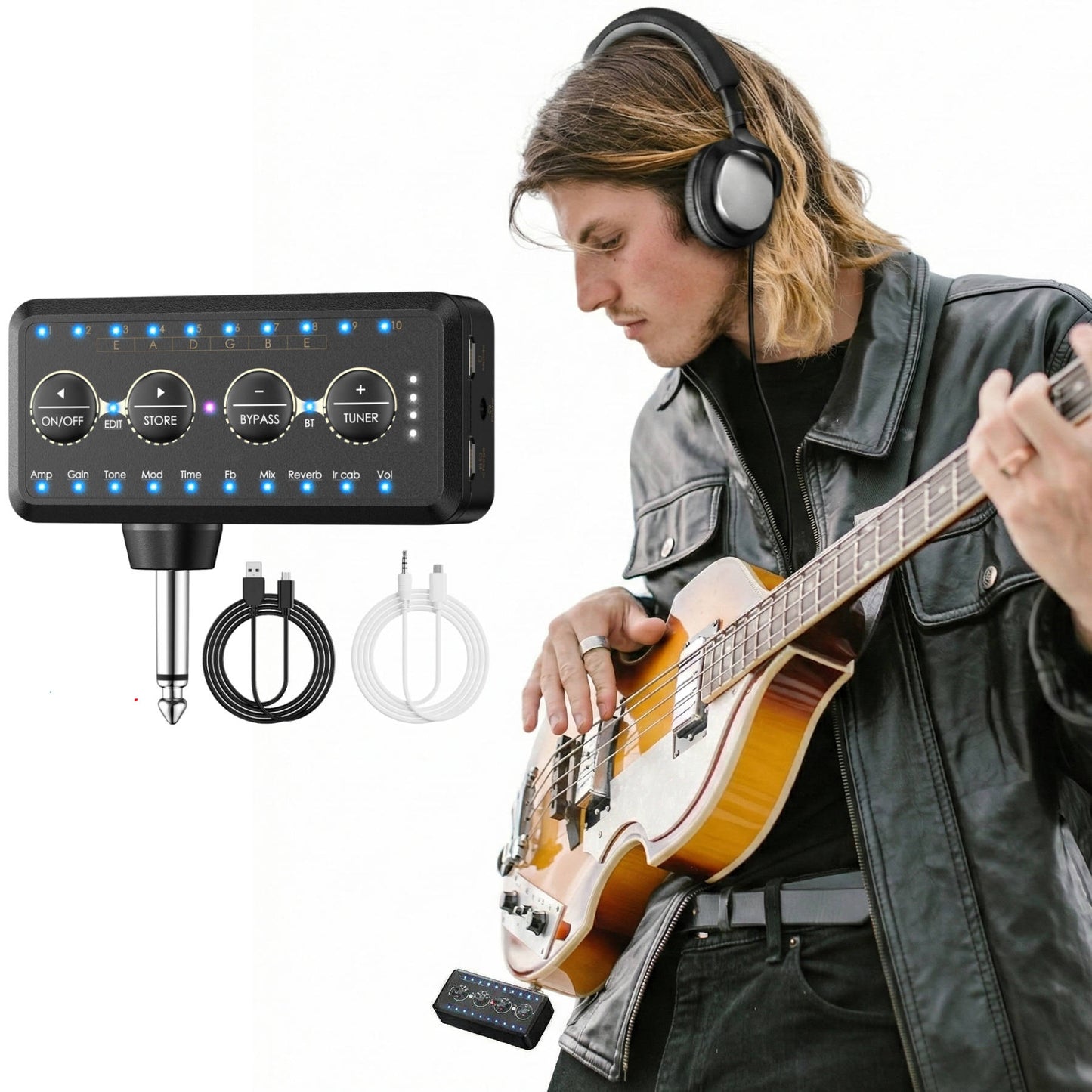 Guitar Plug In Headphone Amp Mini Portable Amplifier for Acoustic Bass Practice