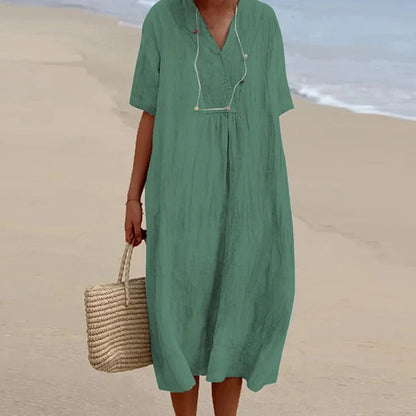 Linen Blend Midi Dress with V-Neck and Loose Fit, Machine Washable