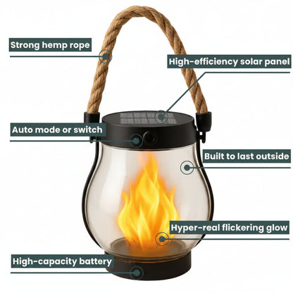 Solar Flame Lantern with Flickering LED and Auto Dusk Activation, 12-Hour Runtime