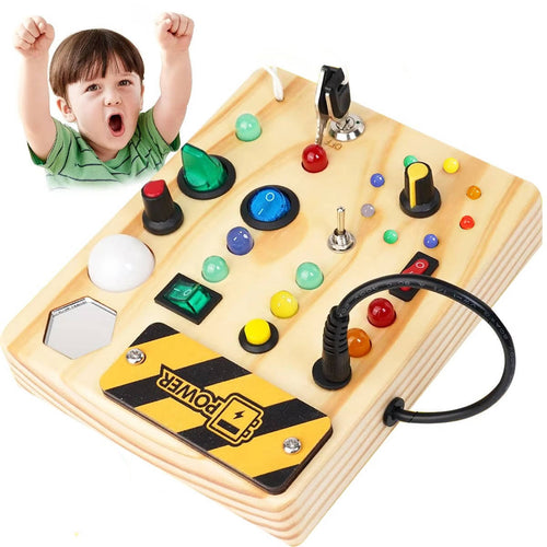 Busy Board Toy with LED Lights Wooden Activity Board for Toddlers Ages 3+