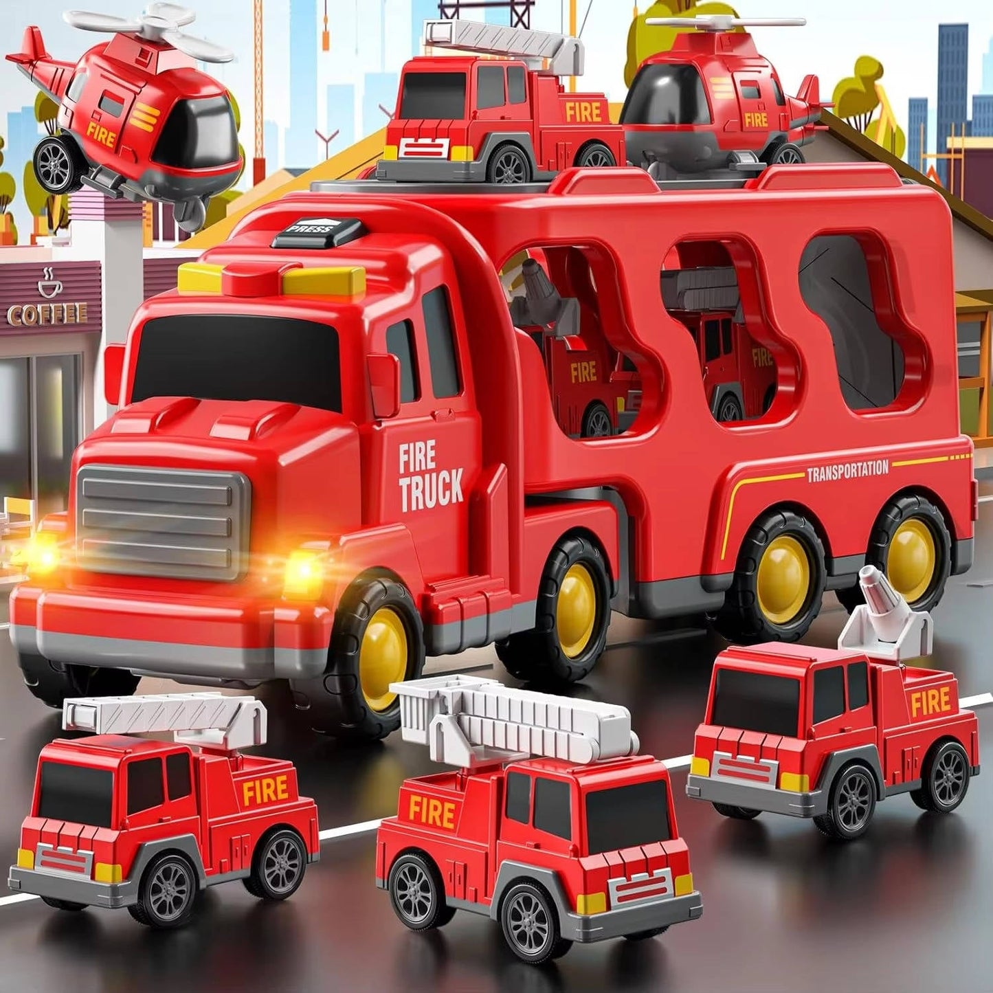 Fire Truck Carrier Toy Set with 5 Vehicles Lights and Sound Transport Truck with Helicopter Toddler Toys for Boys Girls