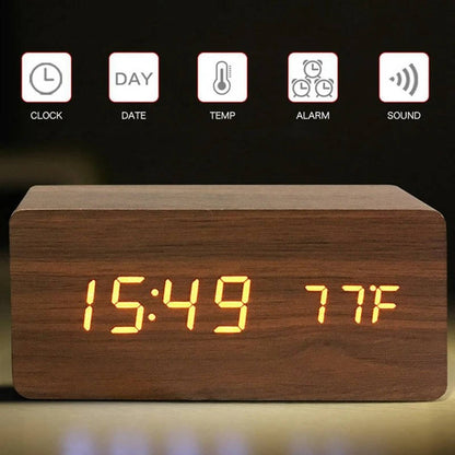 Wooden Digital Alarm Clock with Sound Control and Digital Display
