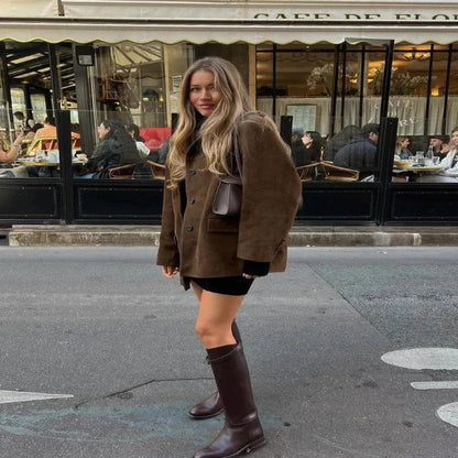 Womens Brown Suede Jacket with Zipper and Pockets