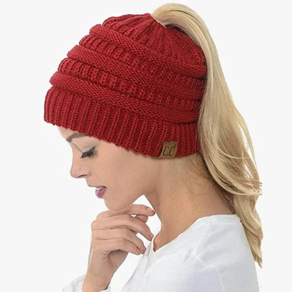 Ponytail Hat Cap Ribbed Knit Solid Color for Women