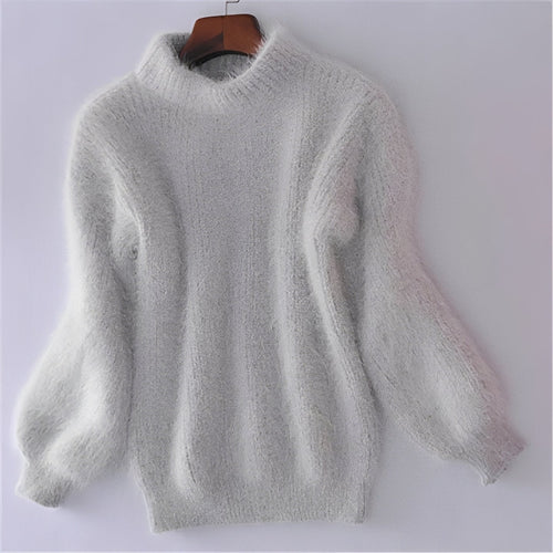 Womens Comfortable Loose Knit Sweater Solid Angora Blend