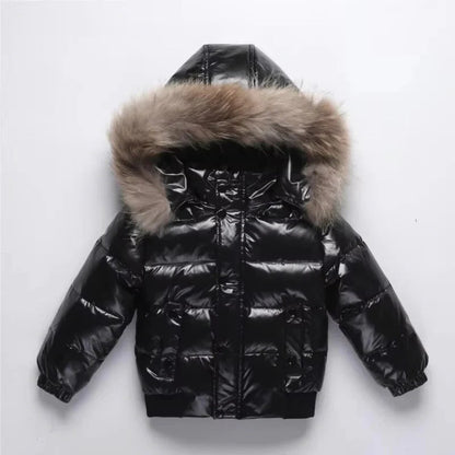 Kids Winter Parka, Down Insulated Jacket, Real Fur Hood Trim, Water Resistant Shell