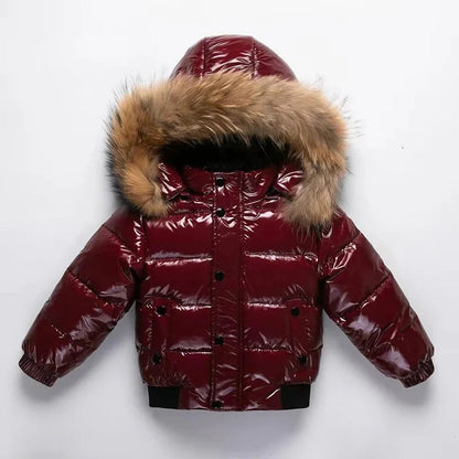 Kids Winter Parka, Down Insulated Jacket, Real Fur Hood Trim, Water Resistant Shell
