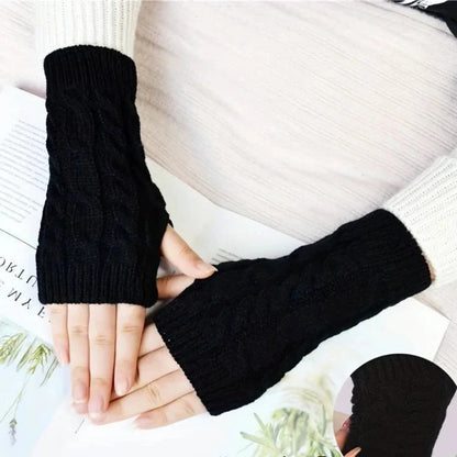 Womens Knit Fingerless Gloves, Fleece Lined Thermal Hand Warmers with Extended Wrist Cuff