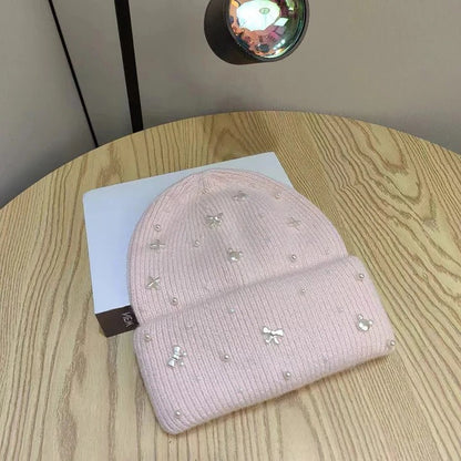 Elegant Pearl Accent Knit Beanie Winter Hat and Stylish Embellished Skull Cap