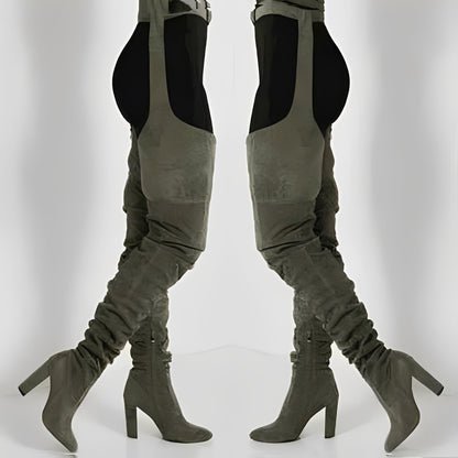 Faux Suede Thigh High Waist Belt Chunky High Heel Slouch Boots for Women and Over The Knee Waist Belted Boots