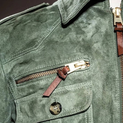 Nostalgic Collar Zip-Up Outerwear and Mens Retro Lapel Zipper Breast Pocket Suede Jacket