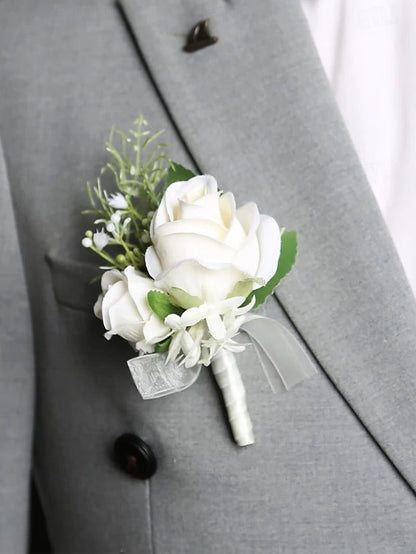 White Rose Wrist Corsage with Matching Boutonniere for Bridal and Prom Occasions