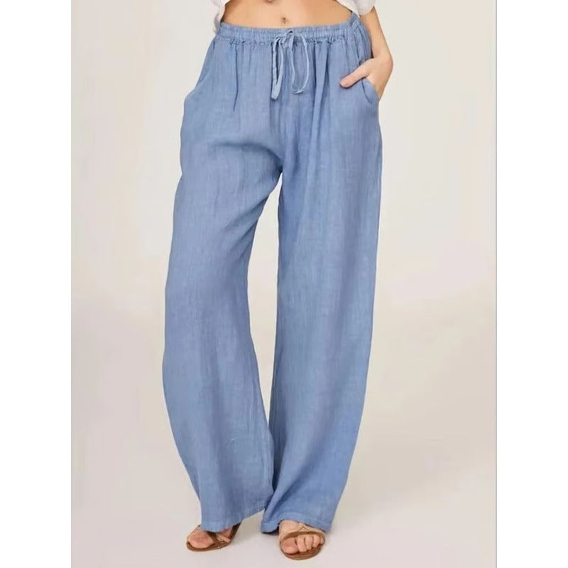 Womens Casual Linen Blend Wide Leg Pants with Drawstring Waist and Side Pockets