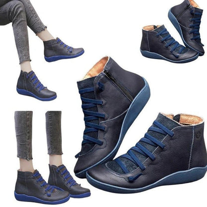 Womens Leather-Look Ankle Boots with Chunky Heel and Side Zipper Closure