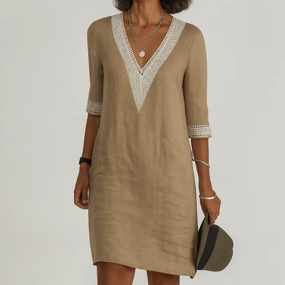Womens Relaxed Fit Linen Knee Length Dress with Functional Pockets