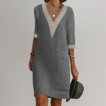Womens Relaxed Fit Linen Knee Length Dress with Functional Pockets
