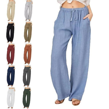 Womens Casual Linen Blend Wide Leg Pants with Drawstring Waist and Side Pockets