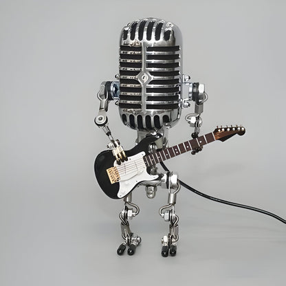 Vintage Metal Microphone Robot With Guitar Lamp