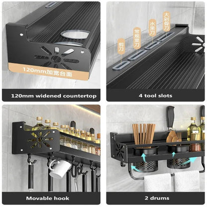 Space Saving Culinary Shelf System for Walls with Hooks and Utility Storage