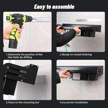 Space Saving Culinary Shelf System for Walls with Hooks and Utility Storage