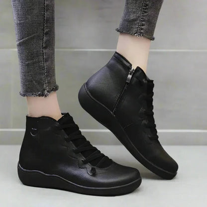 Womens Leather-Look Ankle Boots with Chunky Heel and Side Zipper Closure