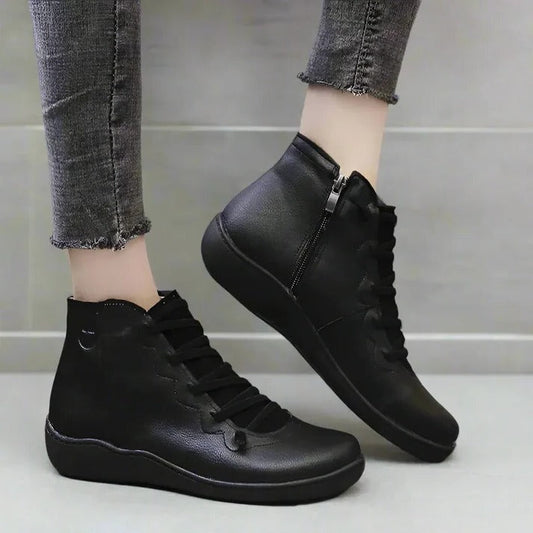 Womens Leather-Look Ankle Boots with Chunky Heel and Side Zipper Closure