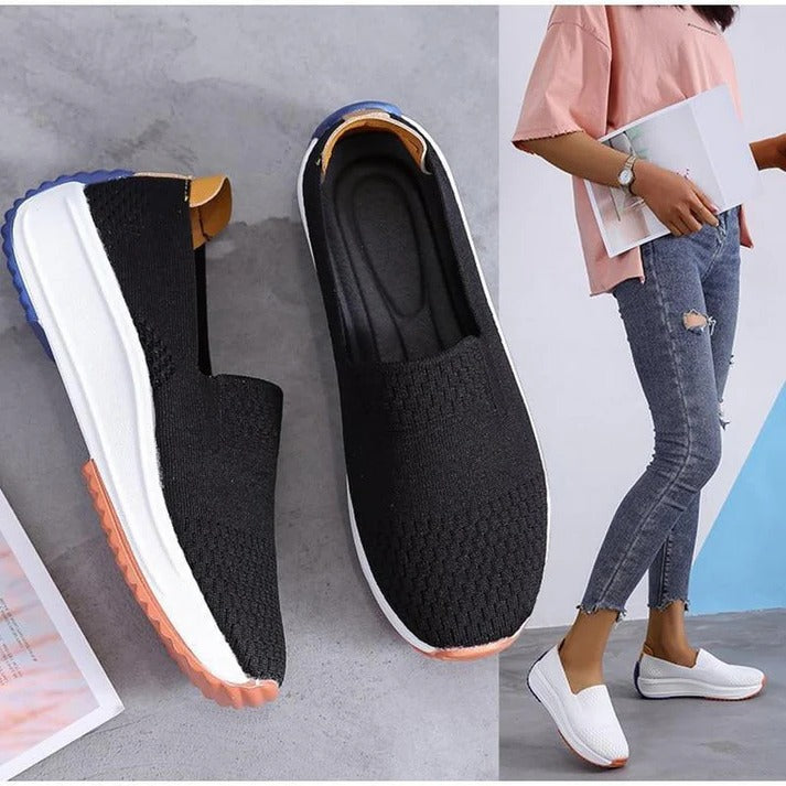 Womens Textured Knit Slip-On Sneakers with Colorblock Platform Sole