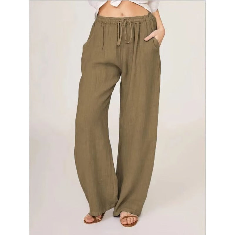 Womens Casual Linen Blend Wide Leg Pants with Drawstring Waist and Side Pockets