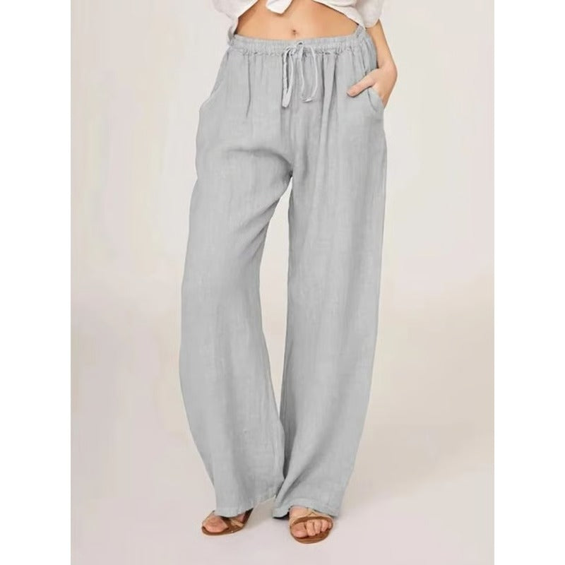 Womens Casual Linen Blend Wide Leg Pants with Drawstring Waist and Side Pockets