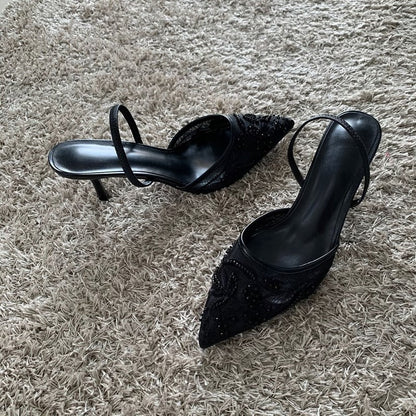 Pointed Toe Mesh Party Shoes with Elasticated Slingback Strap