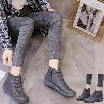 Womens Leather-Look Ankle Boots with Chunky Heel and Side Zipper Closure