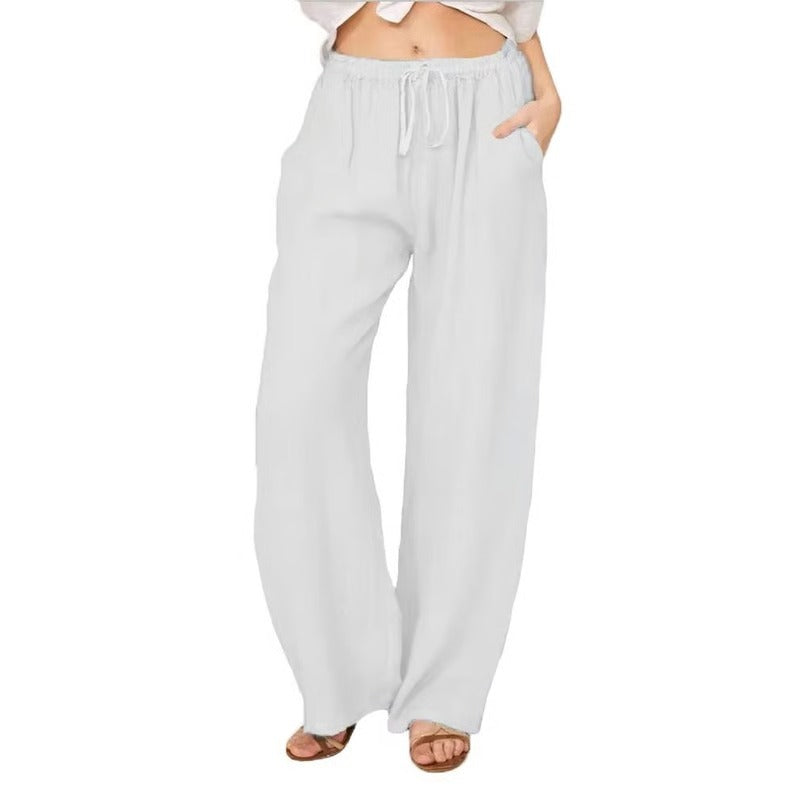 Womens Casual Linen Blend Wide Leg Pants with Drawstring Waist and Side Pockets