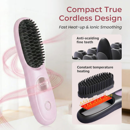 Cordless Hair Straightener Brush Comb with 3 Temperature Settings and Led Display, USB Rechargeable Fast Heating for Travel
