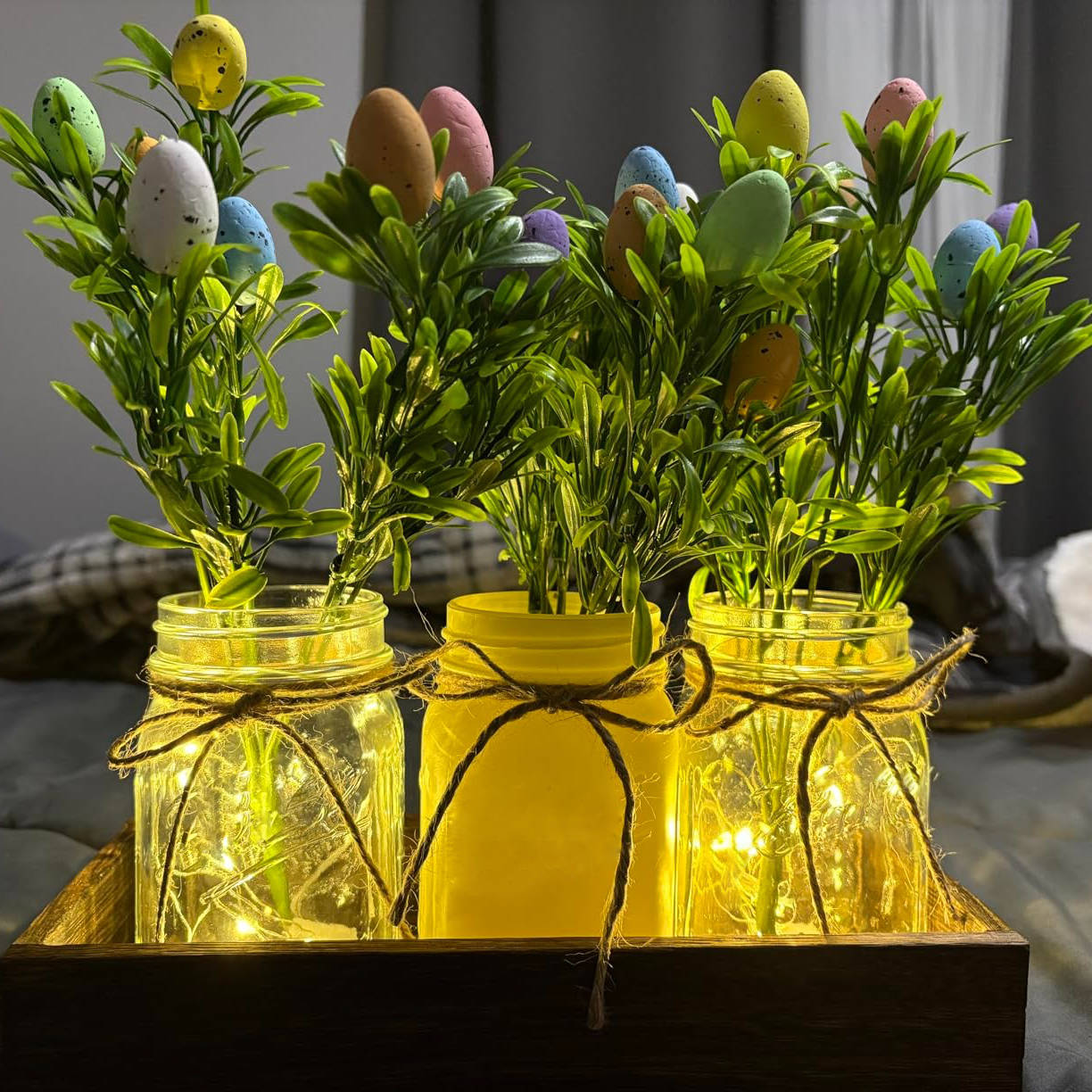 Easter Centerpiece Table Decorations with Wood Tray and LED Lights, Dining Room and Kitchen Table Runner Decor