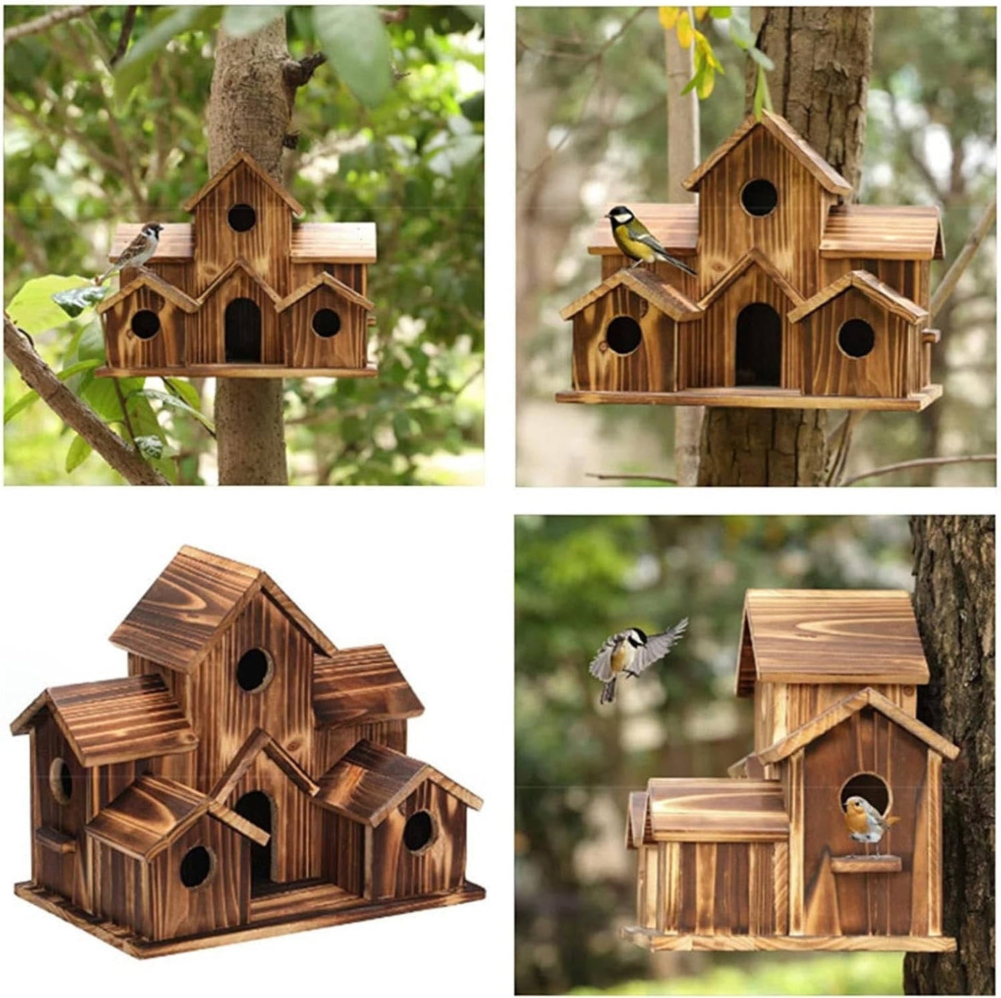 Natural Wooden Bird House, Hanging Bird Feeder Villa for Outdoor Garden and Yard, Decorative Wild Bird Nest