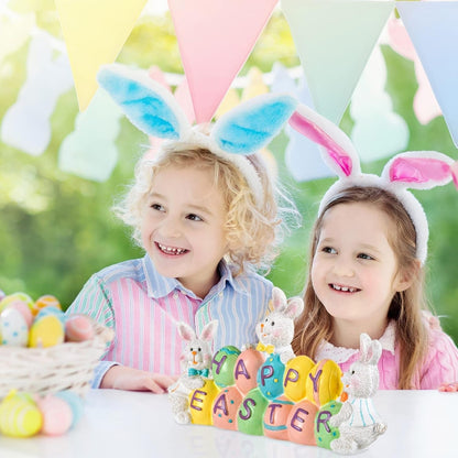 Happy Easter Decorations, 3 Bunny Holding Eggs, Tabletop Centerpiece