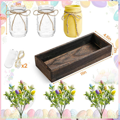 Easter Centerpiece Table Decorations with Wood Tray and LED Lights, Dining Room and Kitchen Table Runner Decor