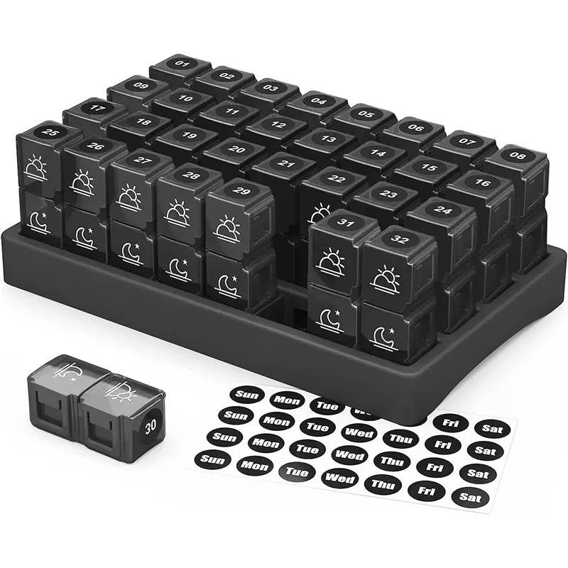 Monthly Pill Organizer 2 Times a Day, 31 Day Am/Pm Pill Box Set with Stickers and Large Storage Case, Twice a Day Medication Planner