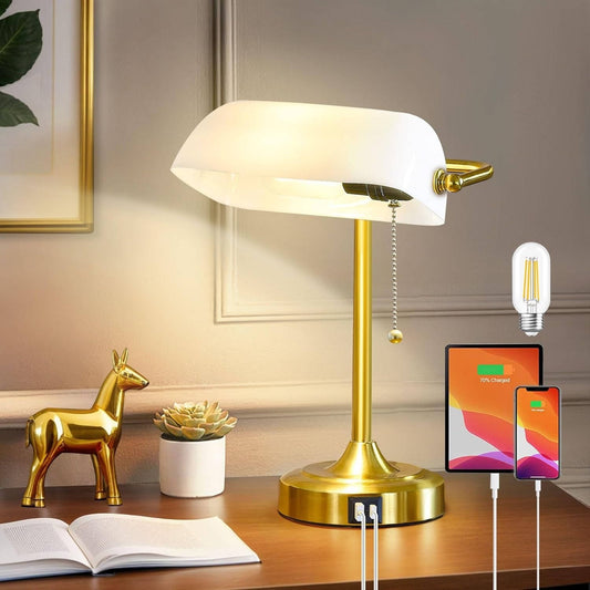 Vintage Desk Lamp Bankers Lamp, Retro Table Lamp with USB and Type C Charging Ports