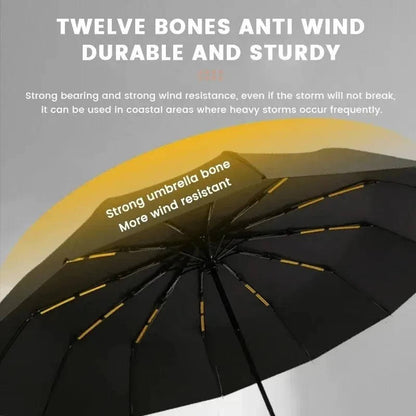 Windproof Folding Rain Umbrella, Large Handle, Water Resistant, No Drip Technology