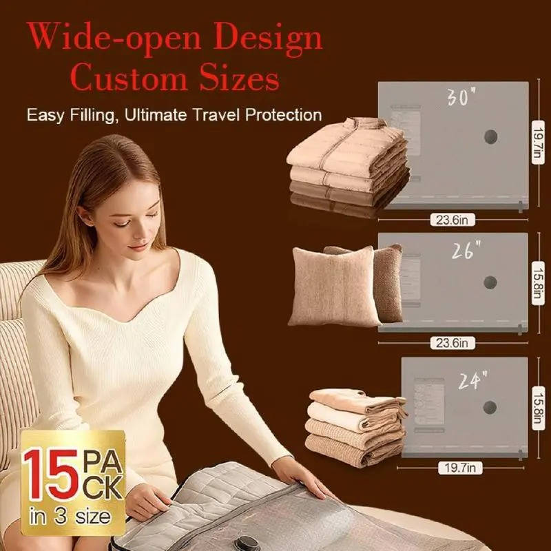Cordless Travel Vacuum Compression Set, 15 Piece Space Saving Vacuum Bags for Clothes with Pump, 140L/Min Air Removal for Carry On and Travel