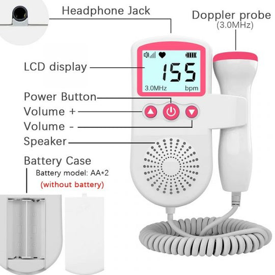 Handheld Fetal Heartbeat Monitor with LCD Display and Noise Filtering Probe